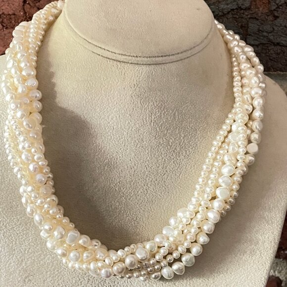 14k Multi Strand Genuine Freshwater Pearl Necklace 16-18" Vintage Showcase Piece - Picture 4 of 11
